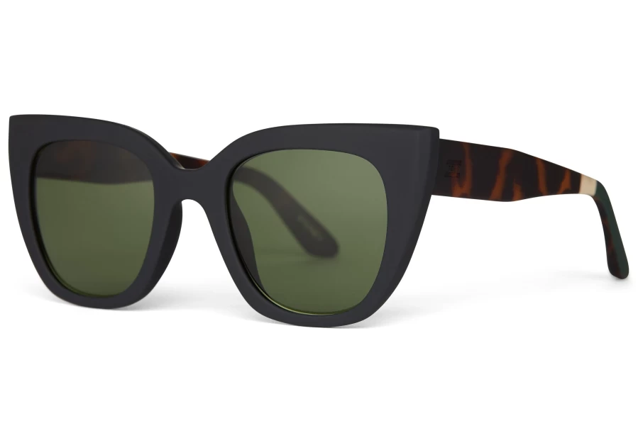 TOMS Matte Black Tortoise Polarized Sunglasses with Bottle Green Lenses for Travelers