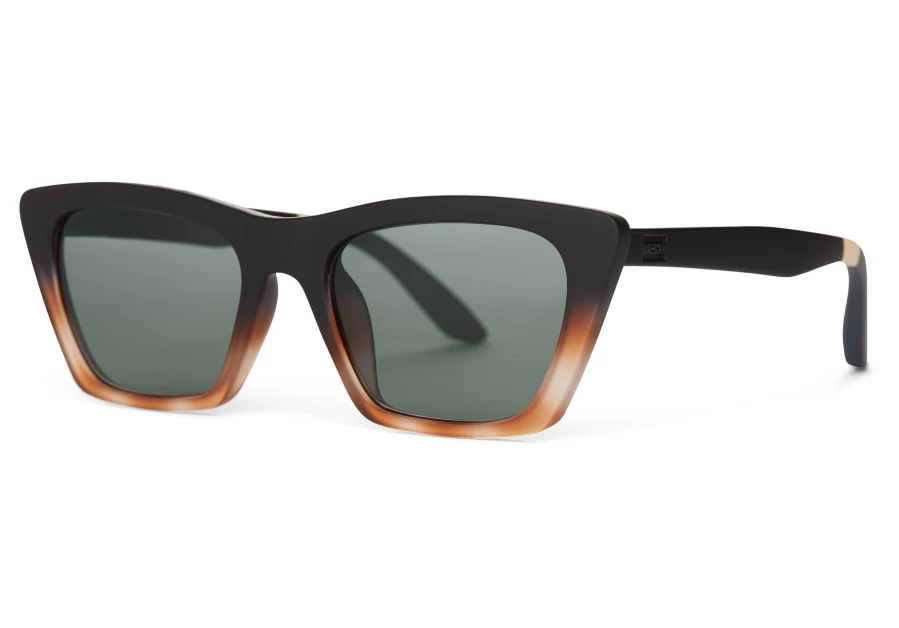 TOMS Matte Black Honey Tortoise Fade Sunglasses with Green Grey Lenses - Traveler Style