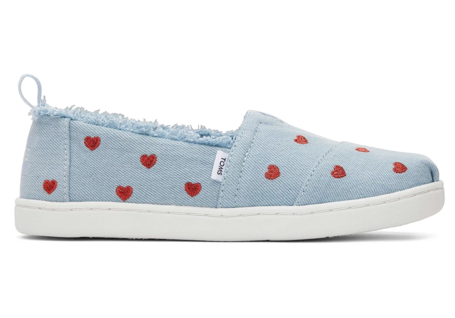 TOMS Youth Alpargata Kids Shoes in Denim Hearts Pattern - Comfortable Casual Slip-Ons