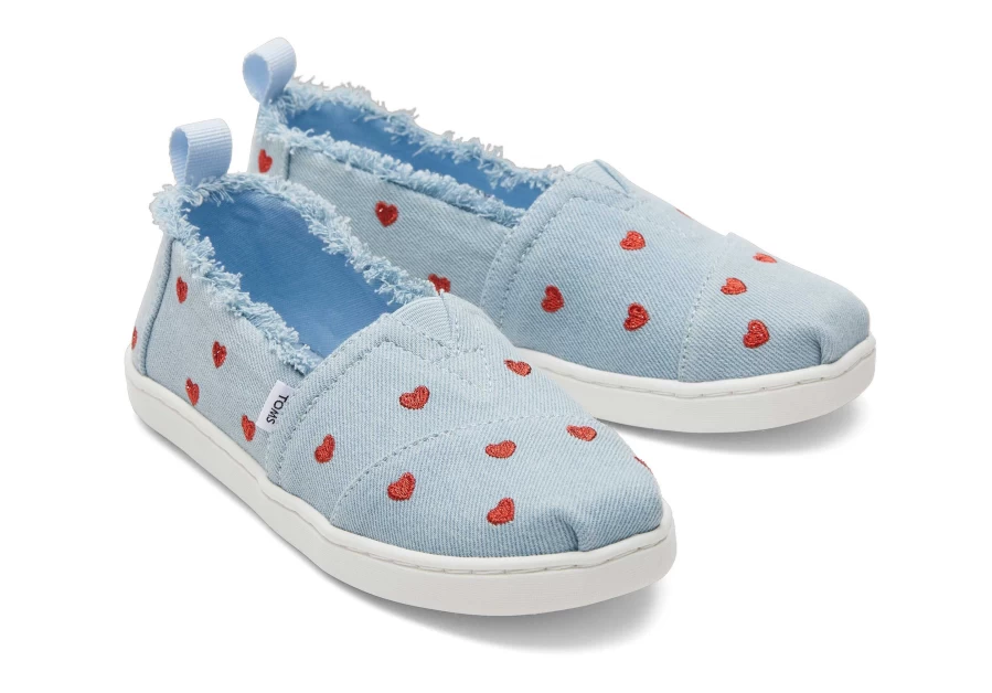 TOMS Youth Alpargata Kids Shoes in Denim Hearts Pattern - Comfortable Casual Slip-Ons