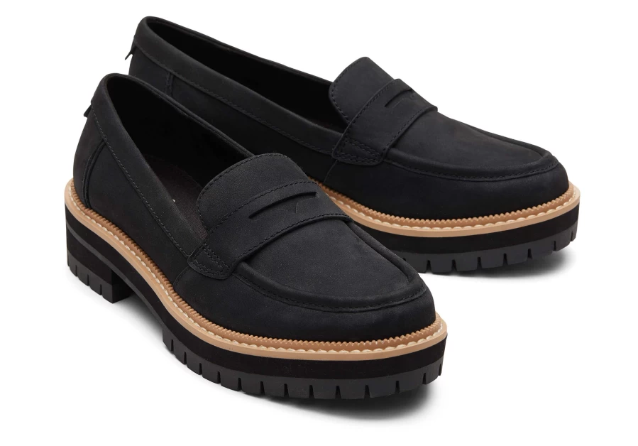 TOMS Black Leather Cara Loafers for Men/Women - Comfortable Slip-On Loafers
