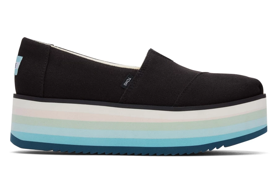 TOMS Black Canvas Alpargata Platform Espadrille Shoes for Women