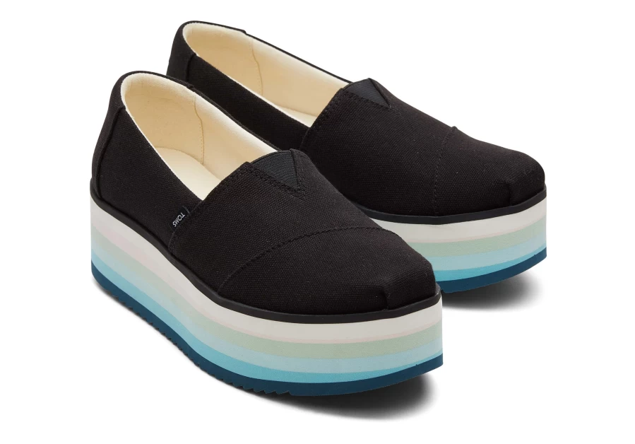 TOMS Black Canvas Alpargata Platform Espadrille Shoes for Women