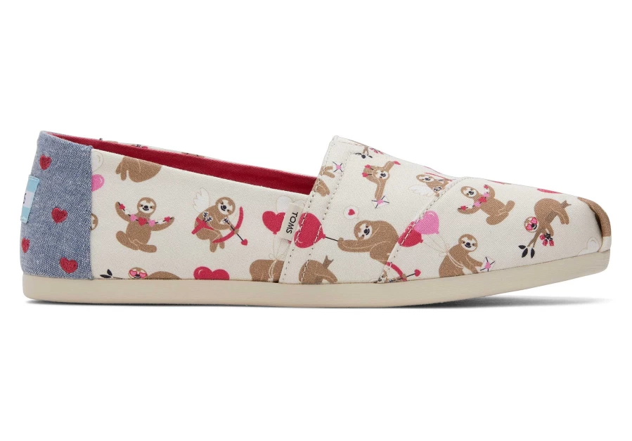 TOMS Natural Alpargata Slip-On Shoes with Sloths and Hearts Design
