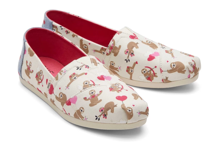 TOMS Natural Alpargata Slip-On Shoes with Sloths and Hearts Design