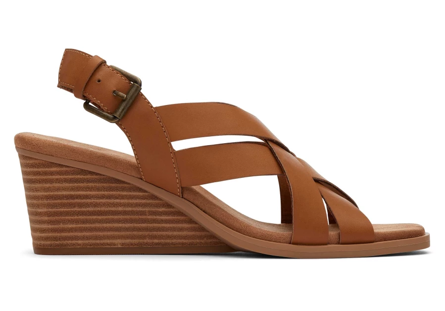 TOMS Gracie Leather Tan Wedge Sandals for Women
