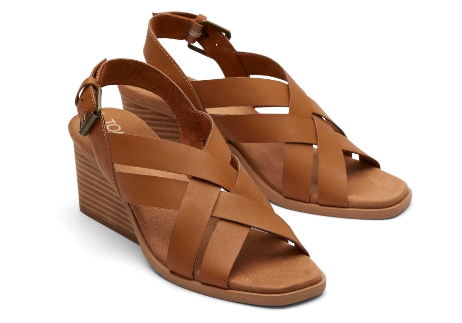 TOMS Gracie Leather Tan Wedge Sandals for Women