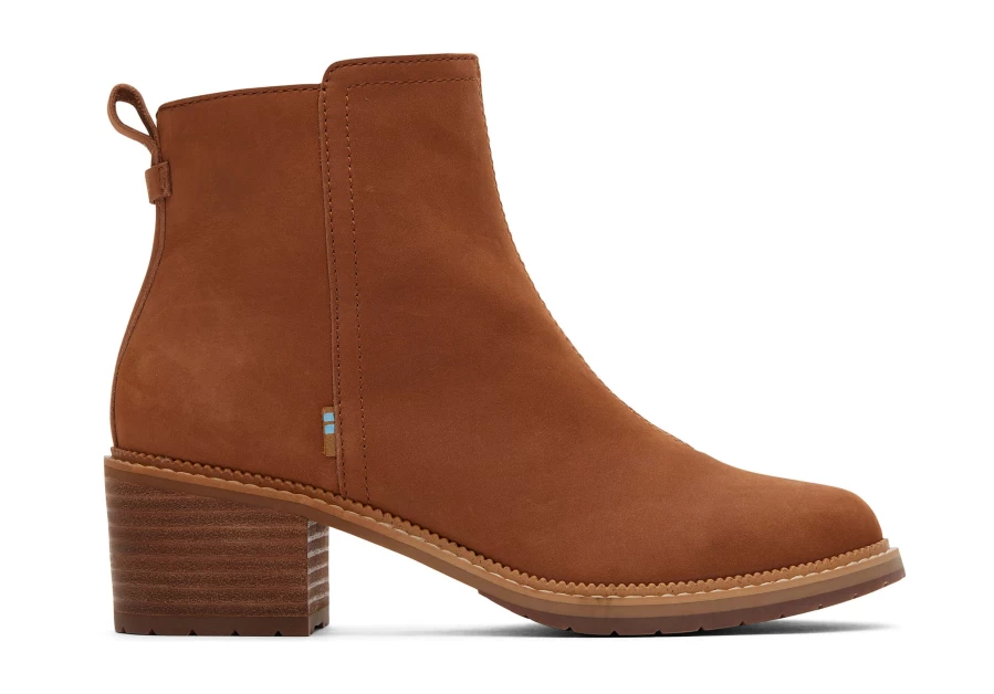 TOMS Marina Tan Leather Heeled Boots for Women - Comfortable Mid Heel Ankle Booties