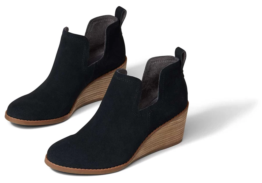 TOMS Kallie Black Suede Wedge Boots for Women - Comfortable Ankle Booties