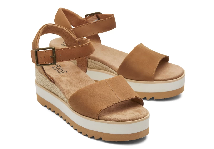 TOMS Diana Tan Leather Wedge Sandals for Women | Comfortable Casual Shoes