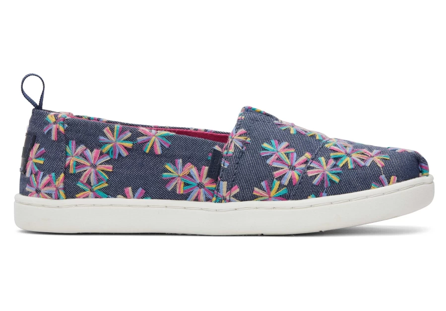 TOMS Youth Alpargata Kids Shoes - Navy Embroidered Floral Casual Comfortable Slip-Ons