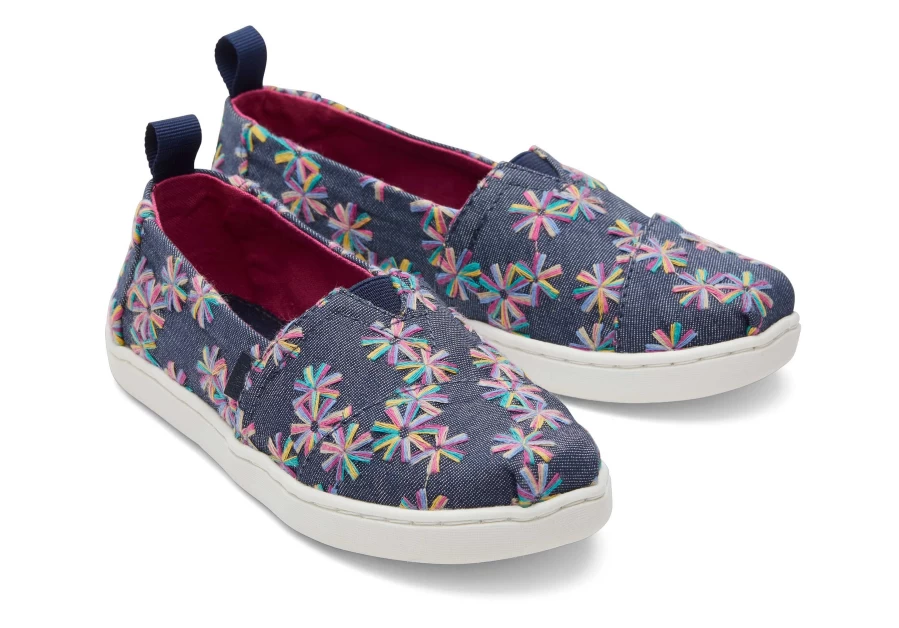 TOMS Youth Alpargata Kids Shoes - Navy Embroidered Floral Casual Comfortable Slip-Ons