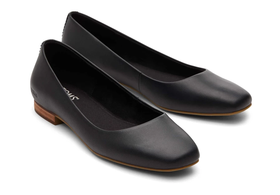TOMS Briella Black Leather Flats for Women - Comfortable Leather Slip-On Flat Shoes