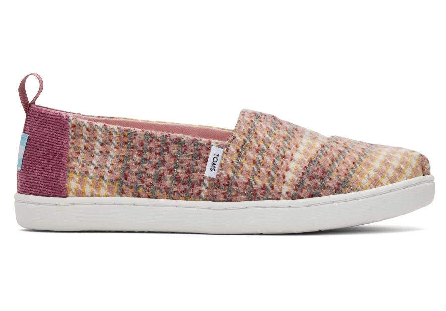TOMS Pink Quartz Youth Alpargata Plaid Tweed Casual Shoes for Kids