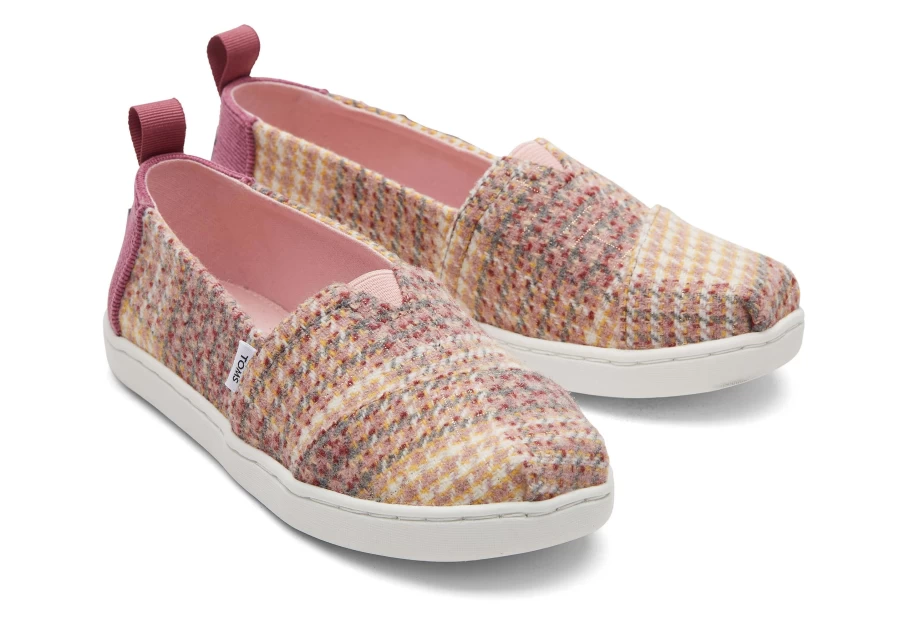 TOMS Pink Quartz Youth Alpargata Plaid Tweed Casual Shoes for Kids