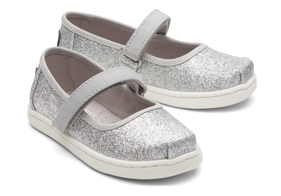 TOMS Mary Jane Silver Iridescent Toddler Shoes for Girls
