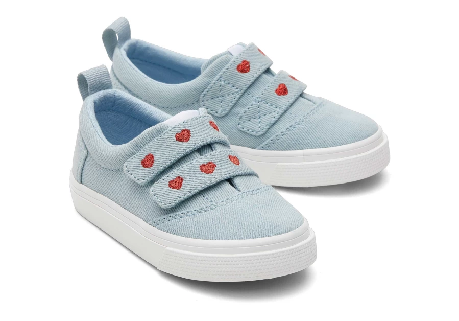 TOMS Denim Hearts Double Strap Toddler Sneakers for Boys and Girls - Comfortable Kids Shoes with Heart Design