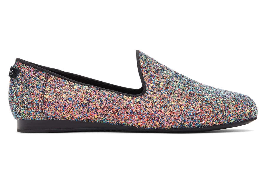 TOMS Darcy Black Glitter Chunky Flat Shoes - Sparkly Comfortable Slip-On Flats for Women