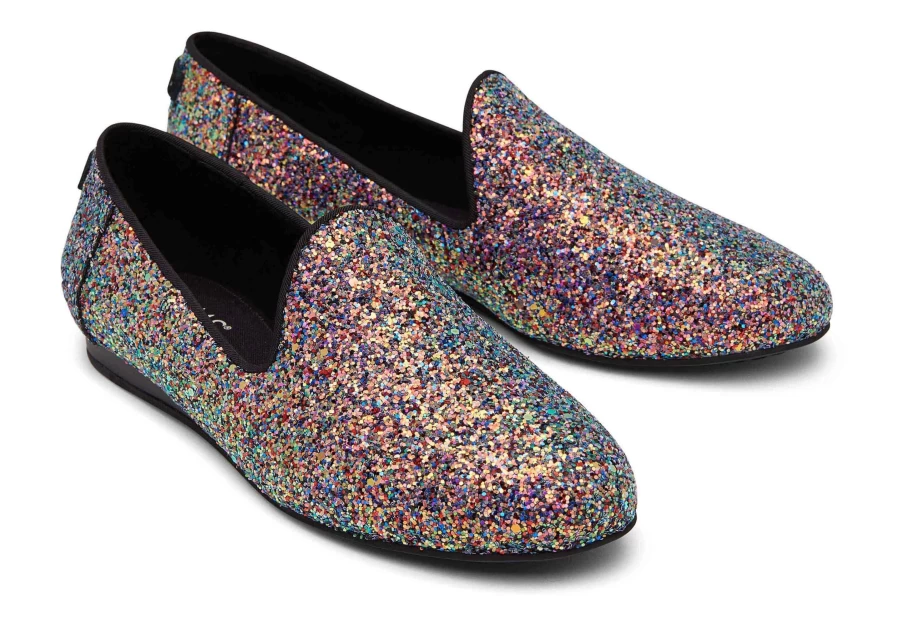 TOMS Darcy Black Glitter Chunky Flat Shoes - Sparkly Comfortable Slip-On Flats for Women