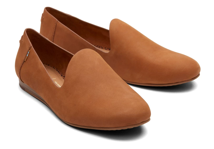 TOMS Women's Tan Darcy Leather Flat Shoes - Comfortable Slip-On Loafers