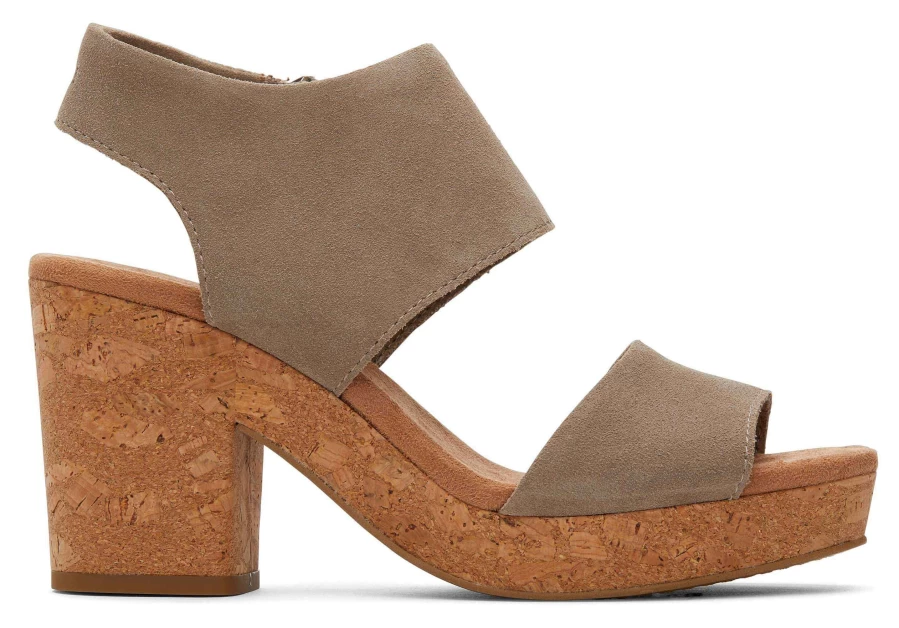 TOMS Suede Dune Platform Cork Sandals - Majorca Taupe Comfort Slide Shoes