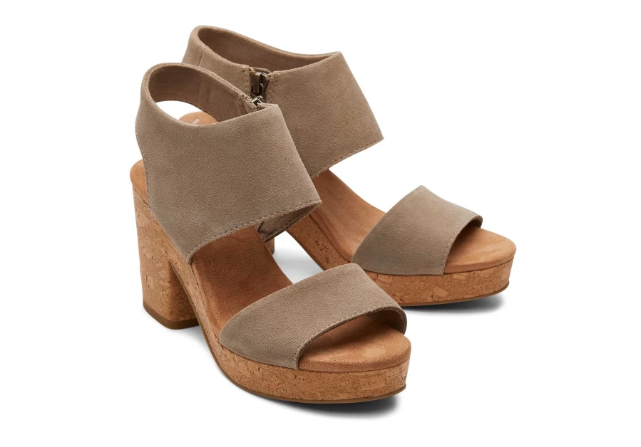 TOMS Suede Dune Platform Cork Sandals - Majorca Taupe Comfort Slide Shoes