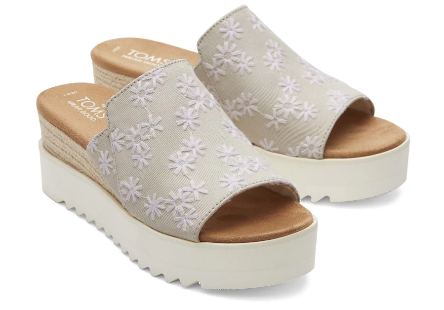 TOMS Diana Mule Sandals - Birch Embroidered Floral Design | Natural Comfort Slides