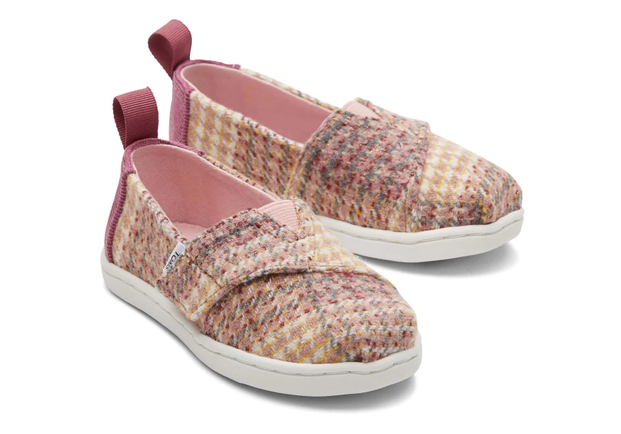 TOMS Alpargata Plaid Tweed Toddler Shoes for Girls - Pink Quartz Comfortable Slip-On