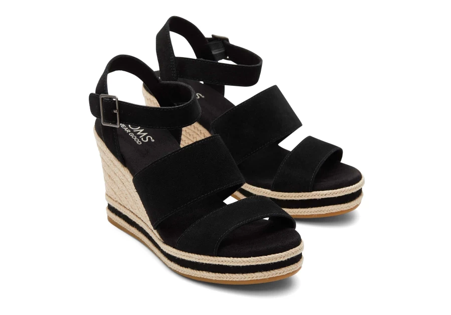 TOMS Madelyn Black Suede Wedge Sandals for Women - Comfortable Casual Wedge Heel Shoes