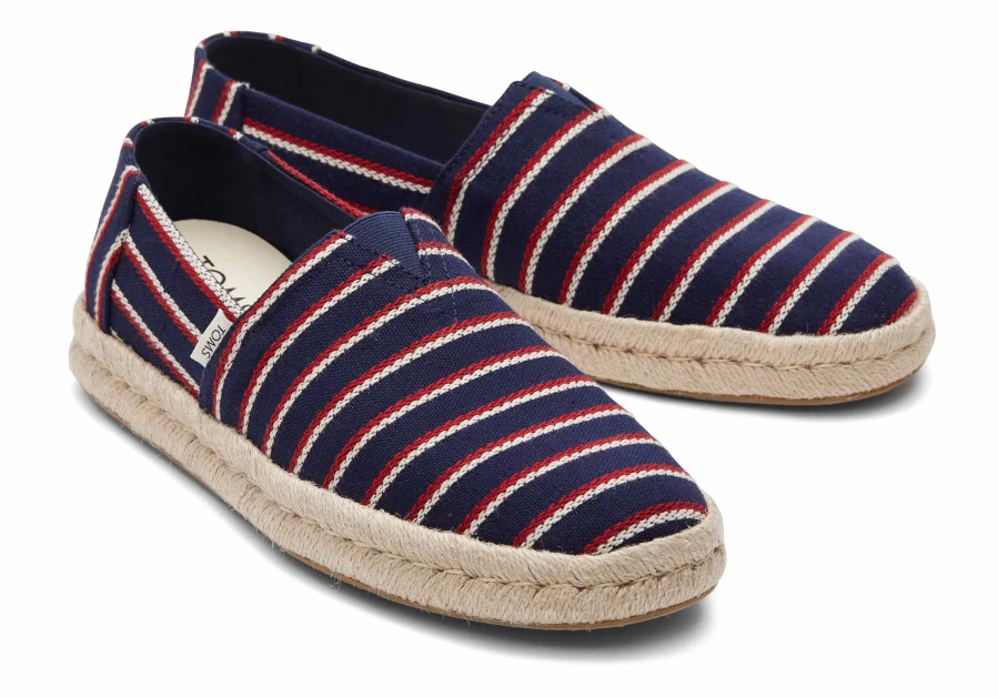 TOMS Alpargata Espadrille 2.0 in Navy Stripes with Rope Detail - Woven Slip-On Shoes