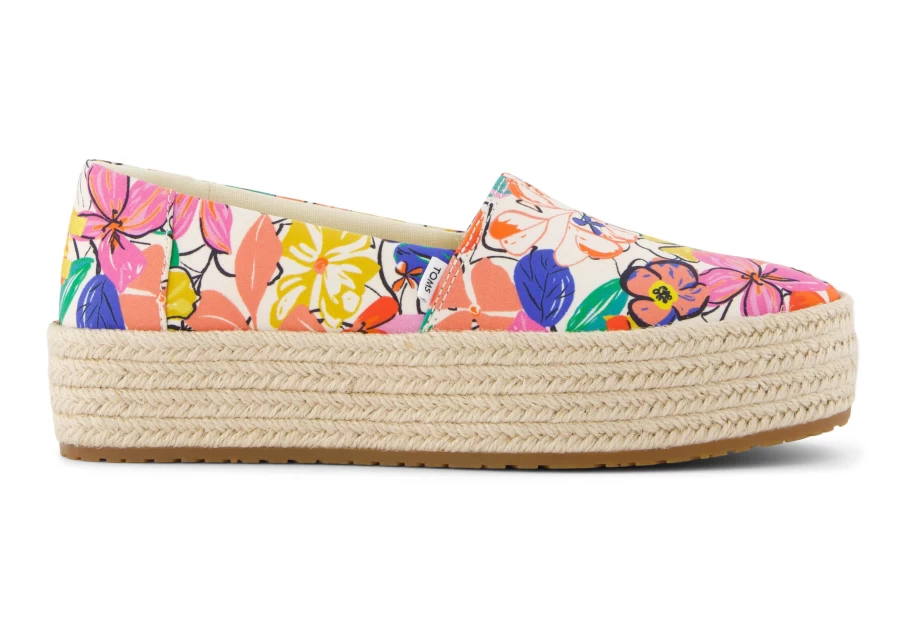 TOMS Valencia Platform Espadrille Women's Shoes - Painted Floral Design Comfort Wedge Sandals