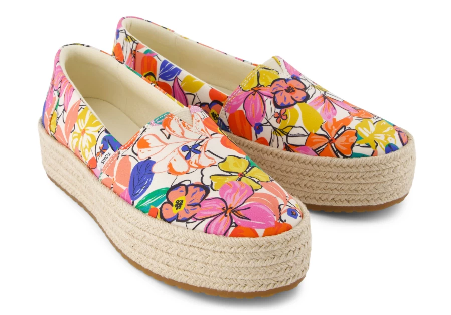 TOMS Valencia Platform Espadrille Women's Shoes - Painted Floral Design Comfort Wedge Sandals