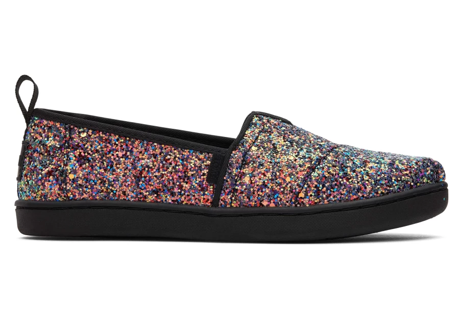 TOMS Youth Alpargata Kids Shoes in Black Chunky Glitter - Sparkly Comfort for Children