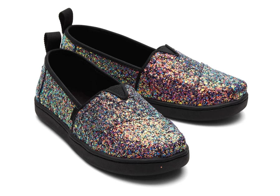 TOMS Youth Alpargata Kids Shoes in Black Chunky Glitter - Sparkly Comfort for Children