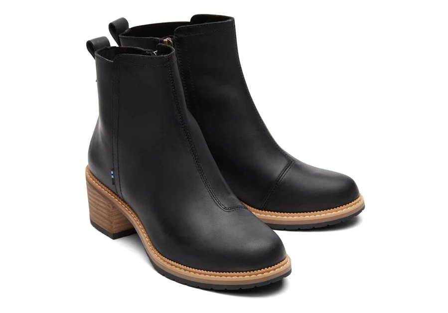 TOMS Marina Black Leather Heeled Boots for Women - Stylish Ankle Boots with Comfortable Heel