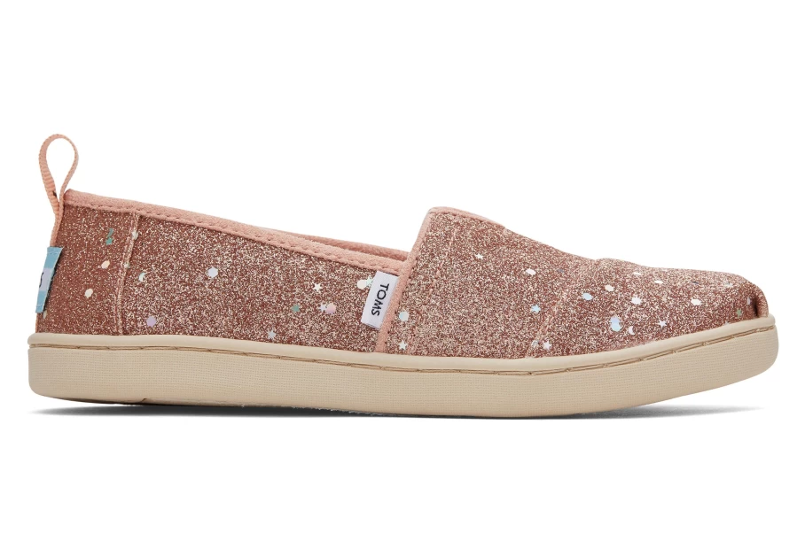 TOMS Youth Alpargata Kids Shoes in Rose Gold with Cosmic Glitter Design