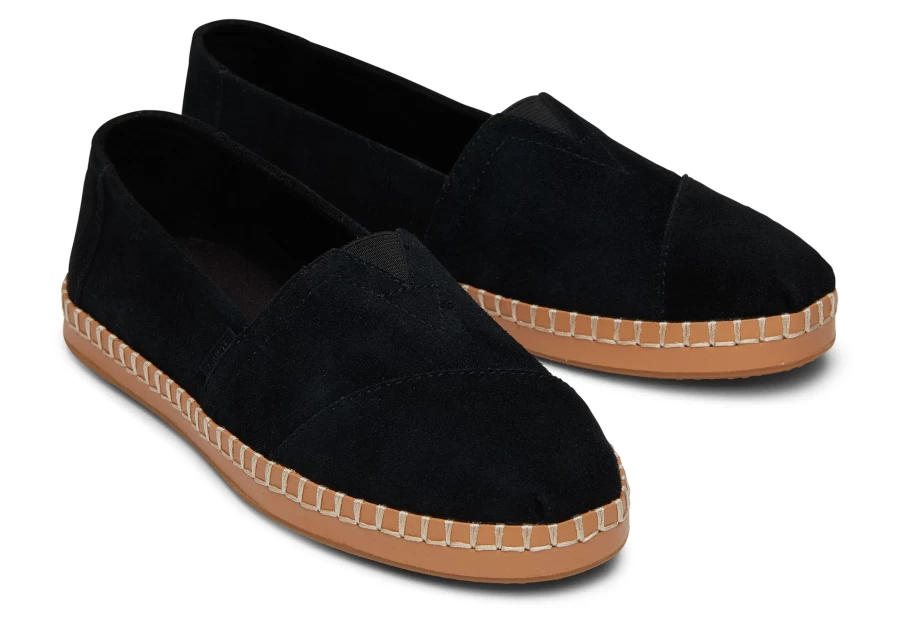 TOMS Black Suede Alpargata Leather Wrap Espadrille Shoes