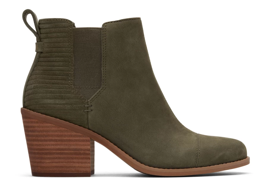 TOMS Everly Olive Nubuck Heeled Boots in Tarmac Olive | Women's Fashion Ankle Boots