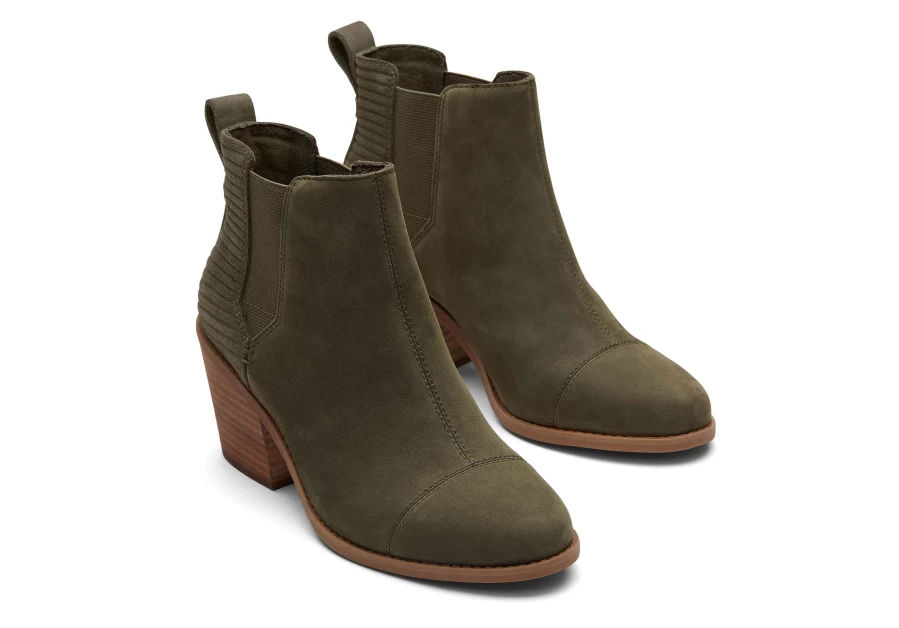 TOMS Everly Olive Nubuck Heeled Boots in Tarmac Olive | Women's Fashion Ankle Boots
