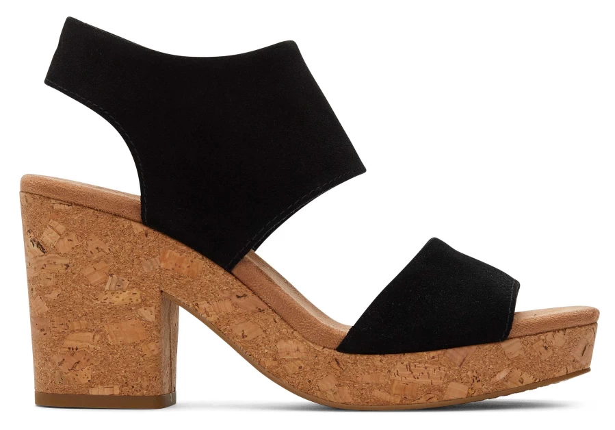 TOMS Suede Black Platform Cork Sandals - Majorca Comfortable Slide Shoes for Women