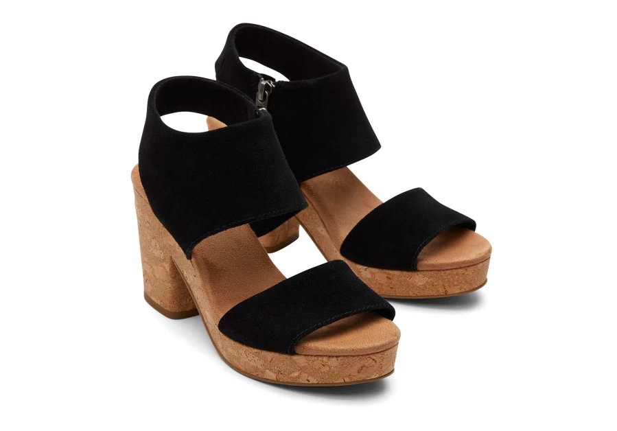 TOMS Suede Black Platform Cork Sandals - Majorca Comfortable Slide Shoes for Women