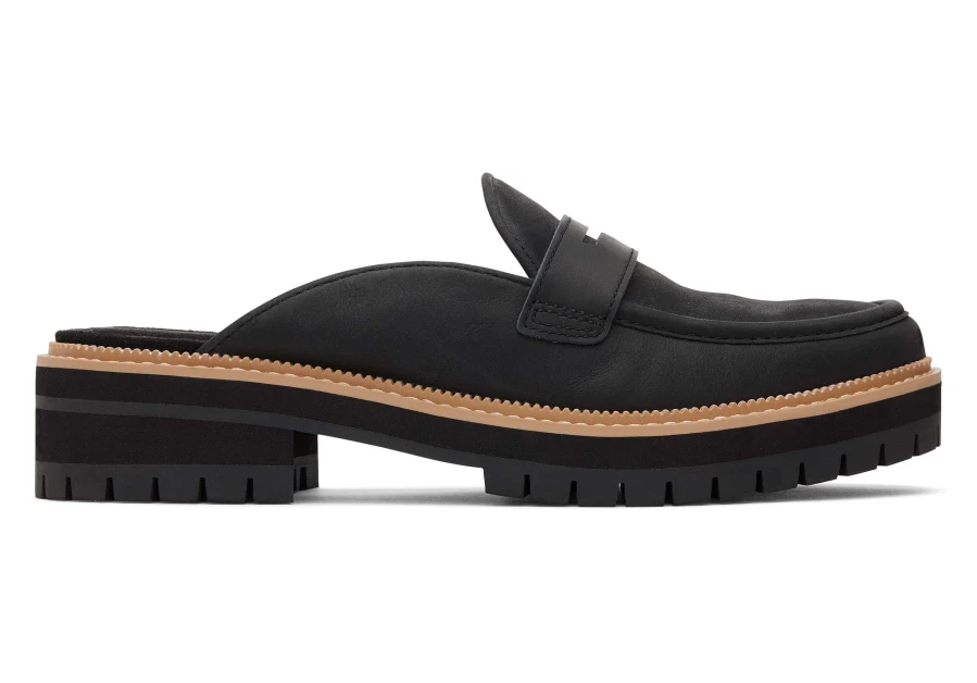 TOMS Black Mule Leather Loafers - Cara Slip-On Shoes for Women