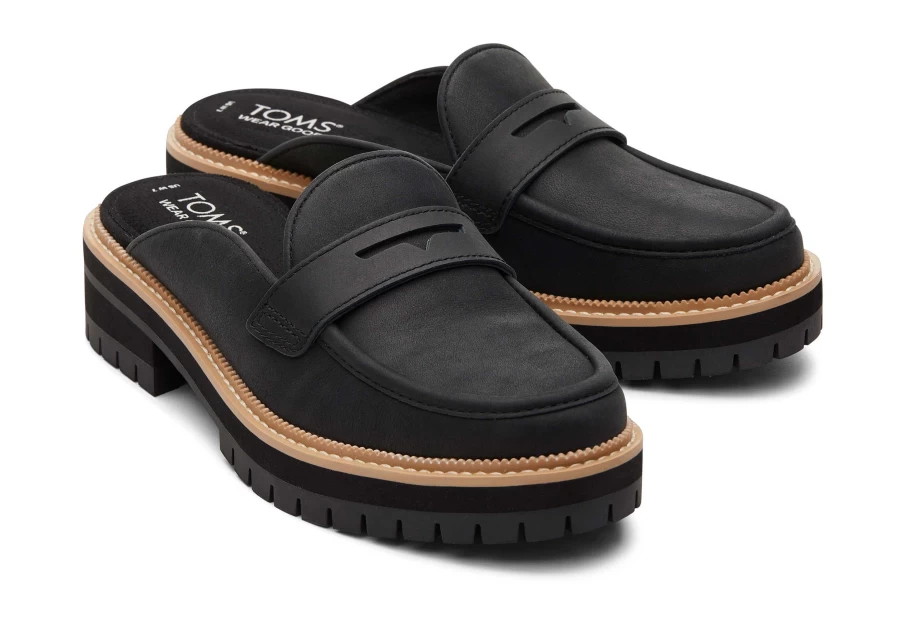 TOMS Black Mule Leather Loafers - Cara Slip-On Shoes for Women