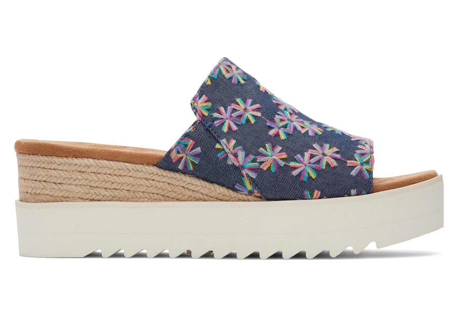 TOMS Diana Mule Navy Embroidered Floral Sandals for Women - Blue Bohemian Slip-On Shoes