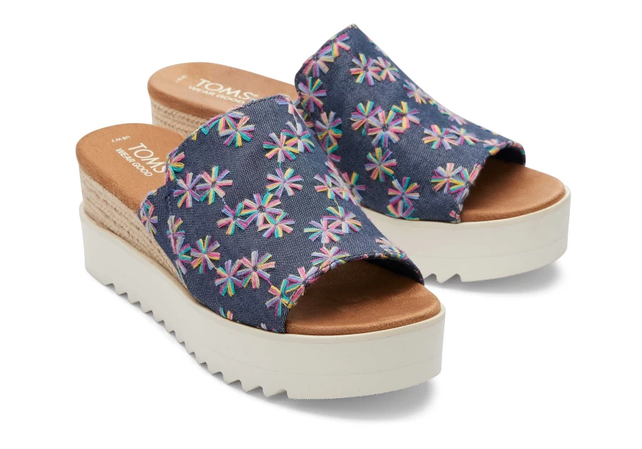 TOMS Diana Mule Navy Embroidered Floral Sandals for Women - Blue Bohemian Slip-On Shoes