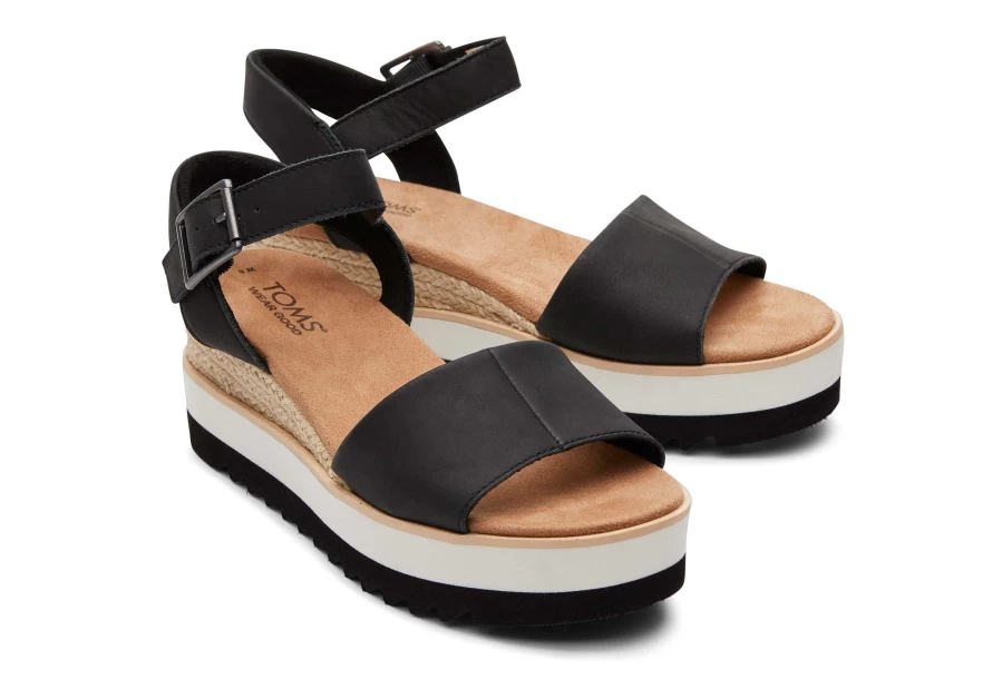 TOMS Diana Wedge Sandal in Black Leather | Comfortable Women's Wedge Heel Sandals