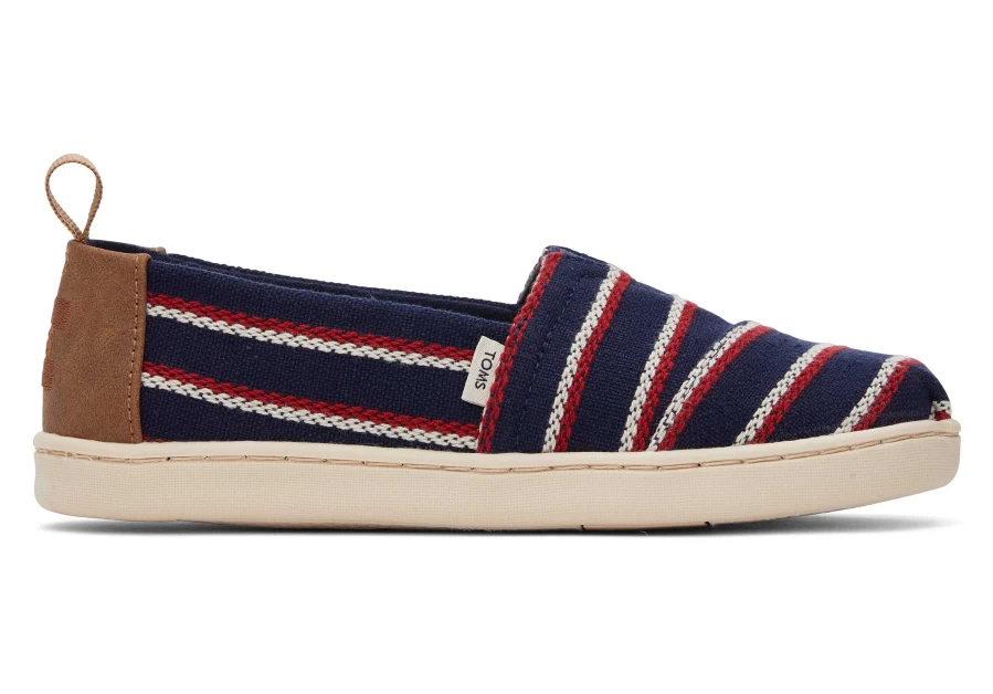 TOMS Youth Alpargata Kids Shoes - Navy Striped Woven Casual Slip-Ons
