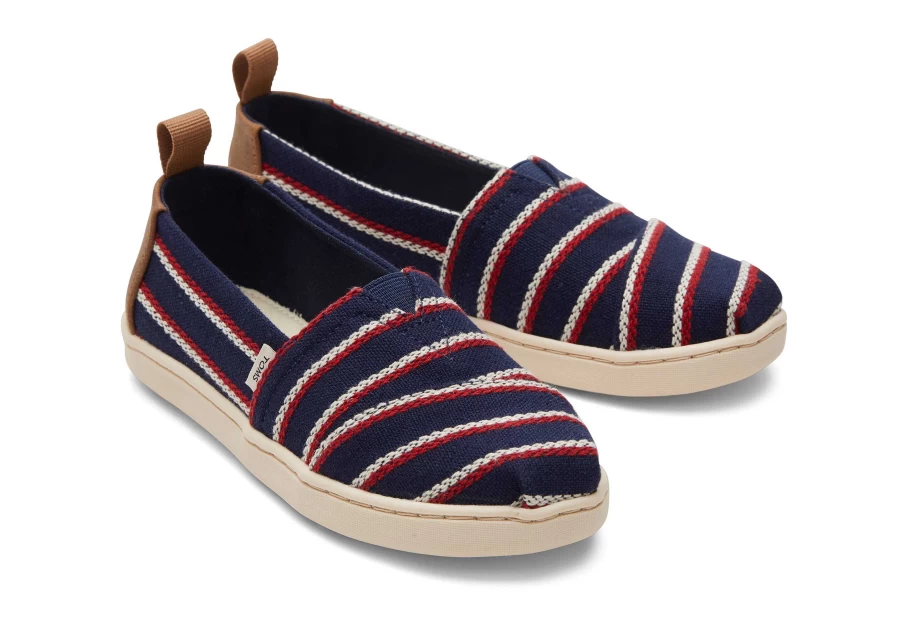 TOMS Youth Alpargata Kids Shoes - Navy Striped Woven Casual Slip-Ons