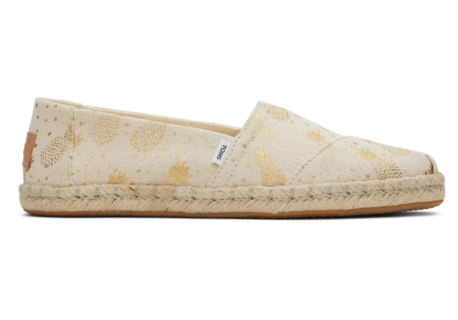 TOMS Alpargata Rope Espadrille Sandals in Gold Foil Pineapples Design