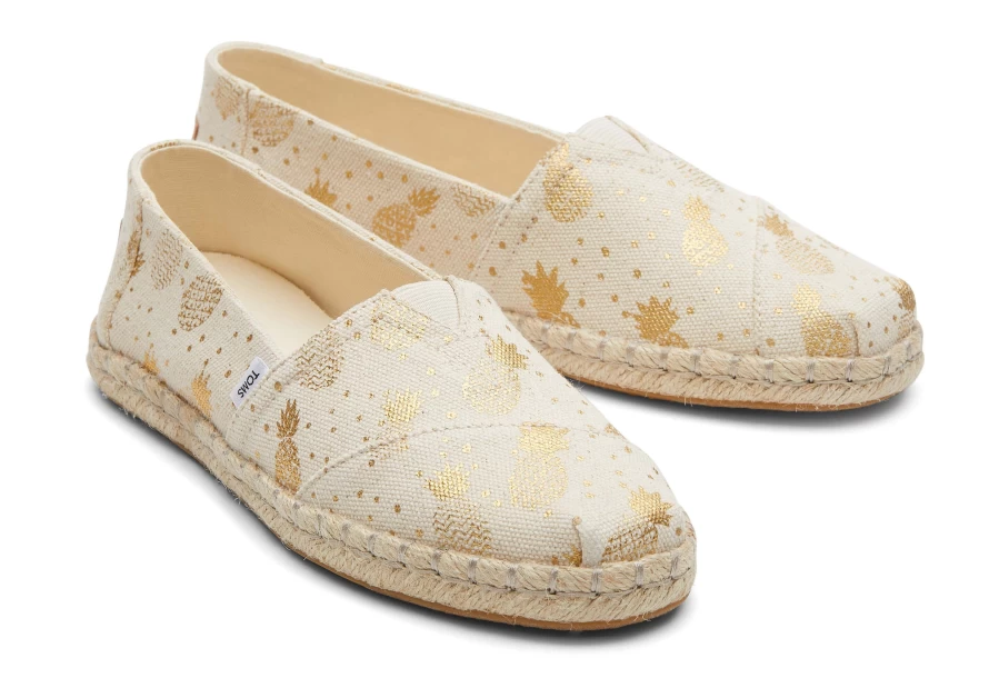 TOMS Alpargata Rope Espadrille Sandals in Gold Foil Pineapples Design